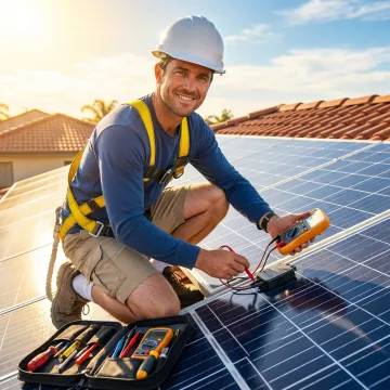 Professional technician repairing solar panels on Los Angeles rooftop