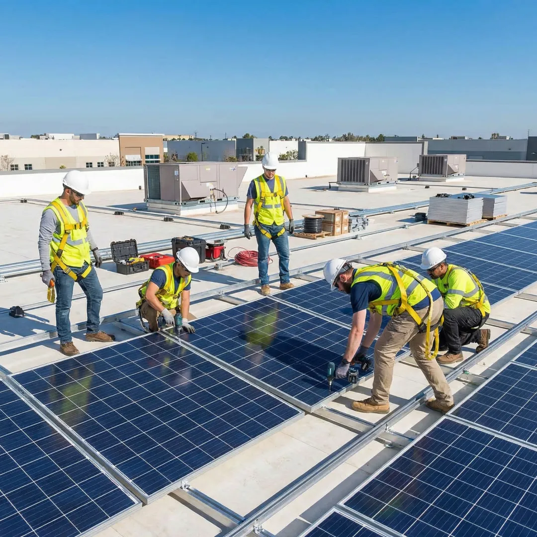 Commercial solar installation team working on business rooftop