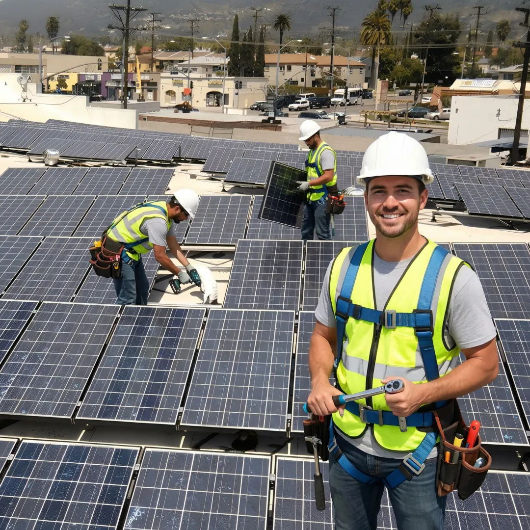 Commercial solar installation team working on industrial rooftop system in Riverside