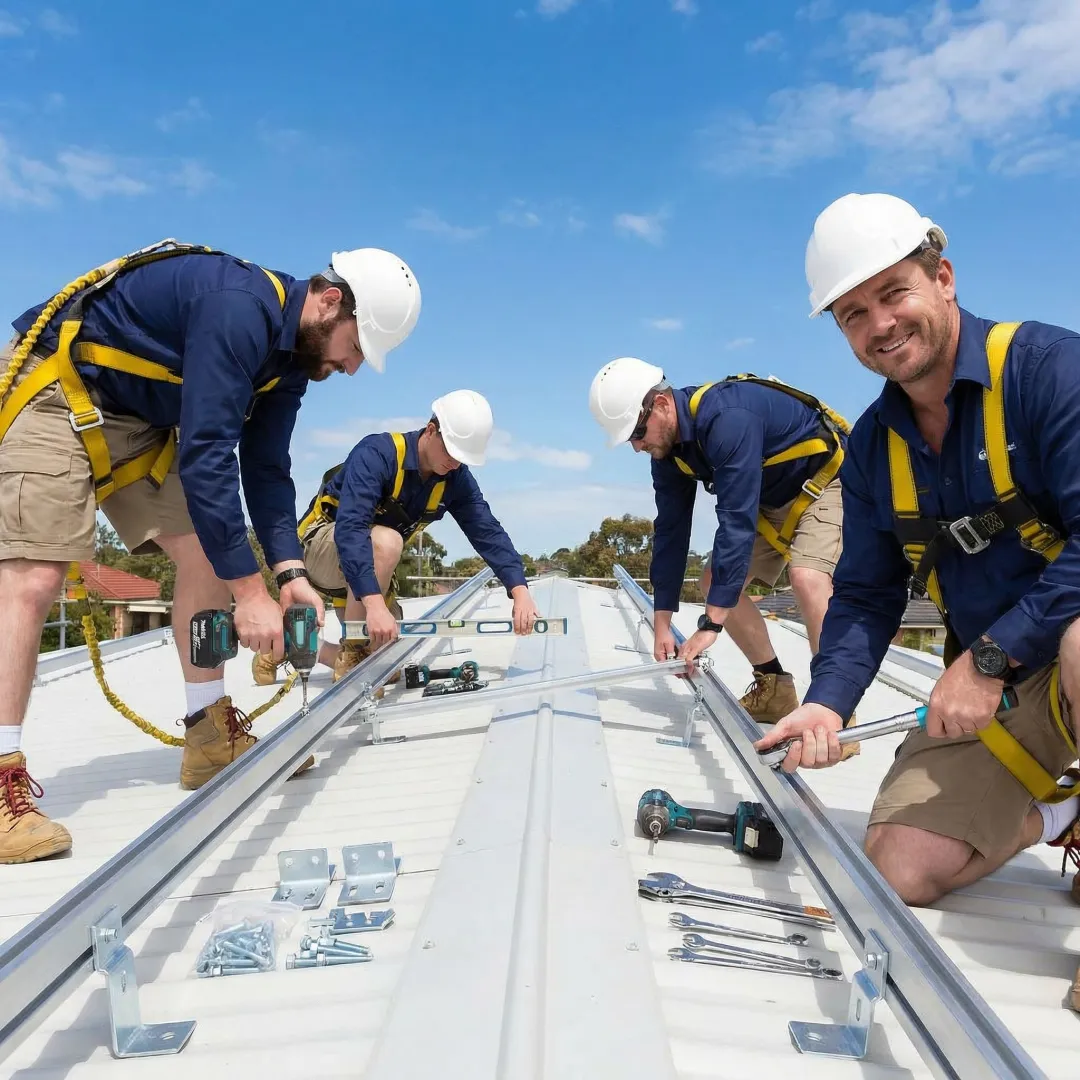 Solar installation team working on rooftop panel array in Ventura County