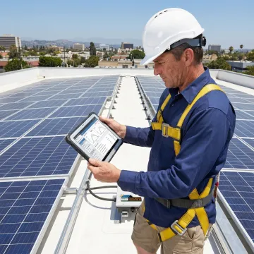 Solar installer reviewing a commercial panel system