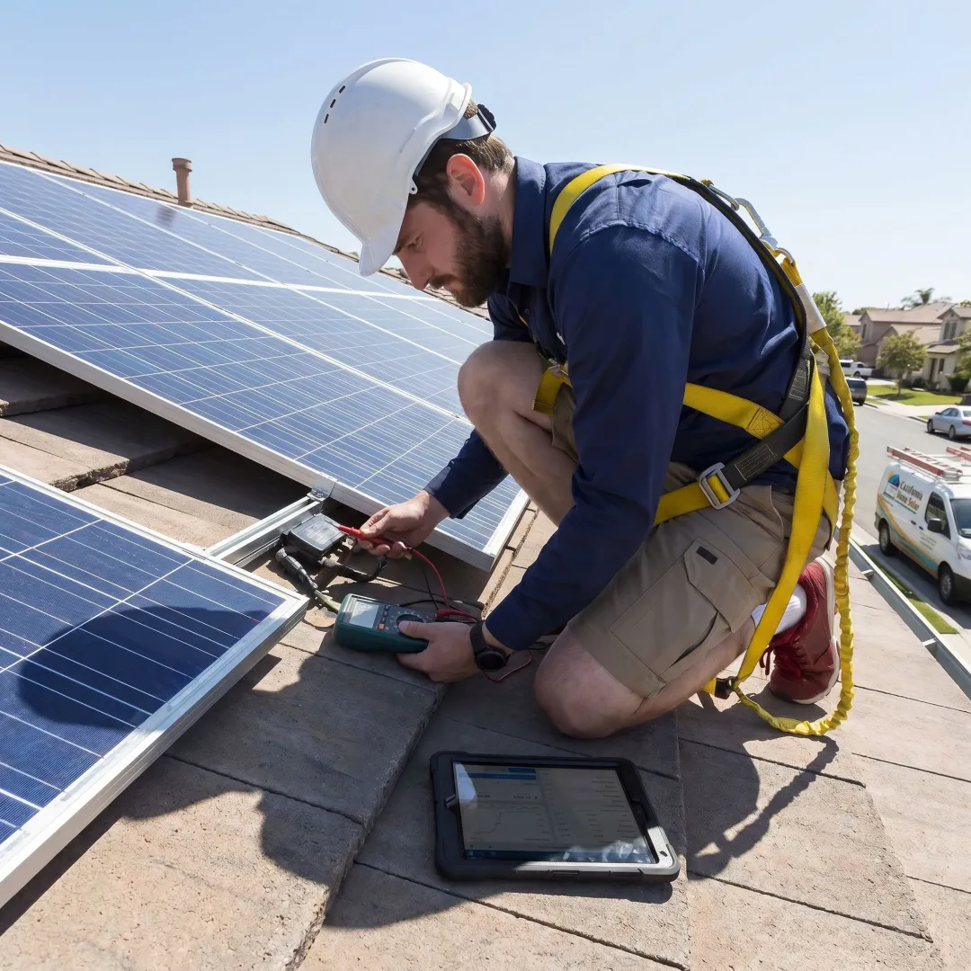 Solar installer reviewing rooftop panels