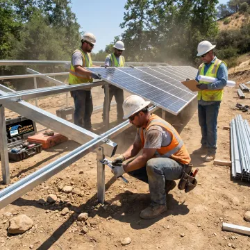 Solar installers assembling a ground-mounted panel system