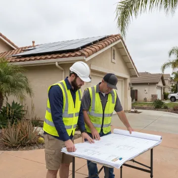 Technicians planning rooftop solar installation