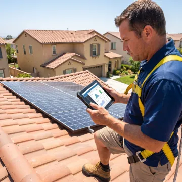 Solar technician checking panel performance