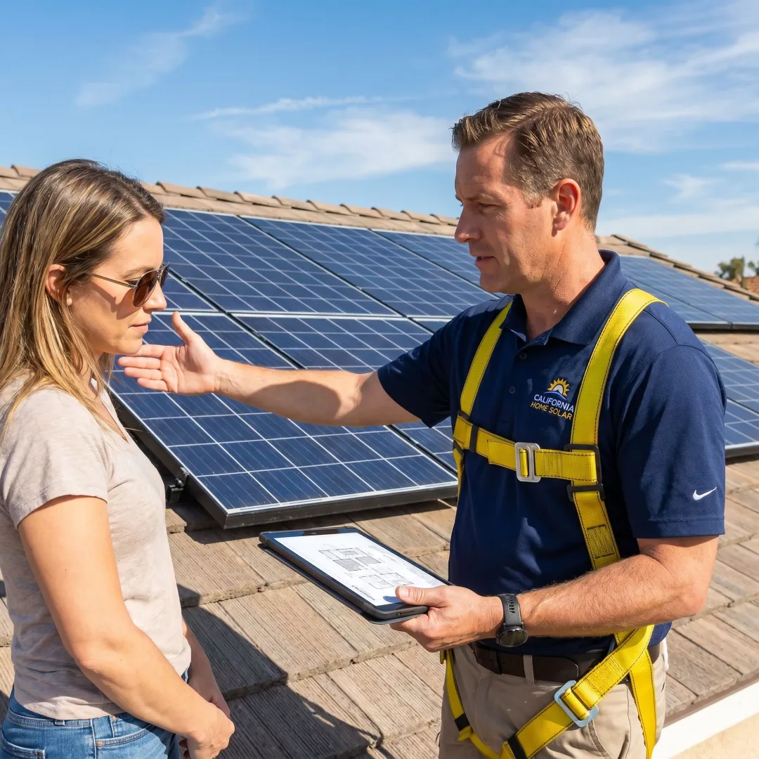 Solar contractor reviewing plans with homeowner
