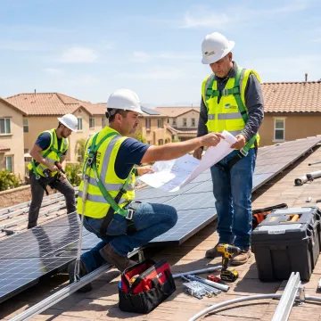 Solar installers reviewing a residential solar project
