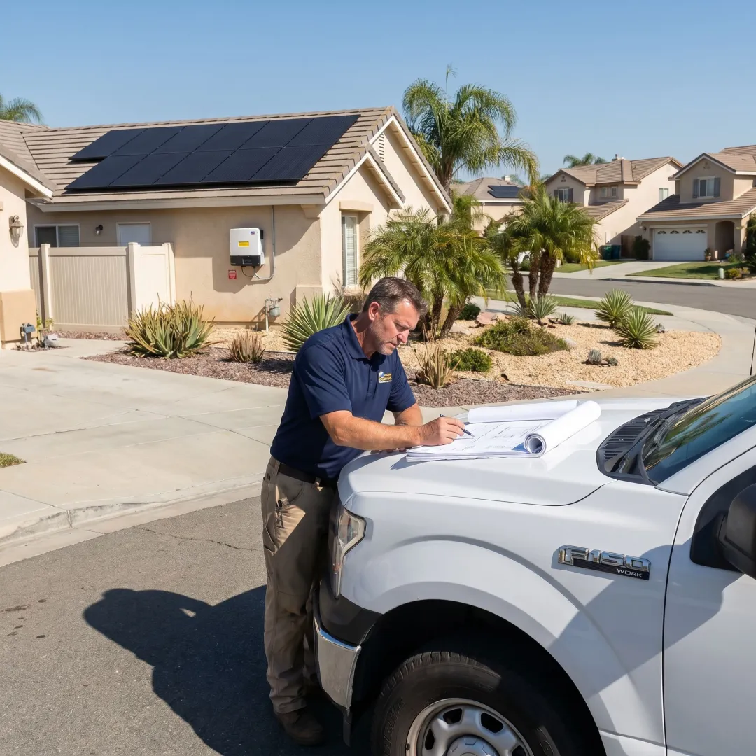 Solar contractor reviewing roof plans and panels