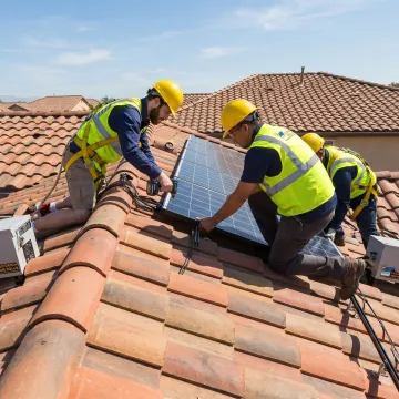 Solar roofing contractors installing rooftop panels