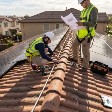 Solar installer reviewing rooftop panel layout
