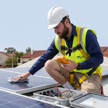 Solar technician servicing rooftop panel system
