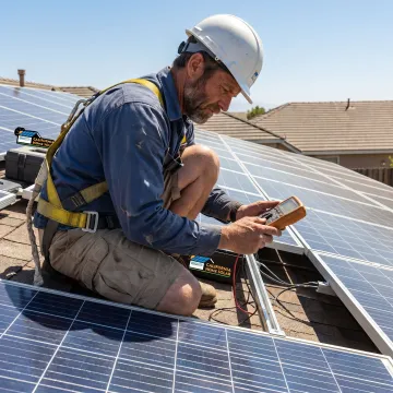 Solar technician inspecting rooftop panels in California
