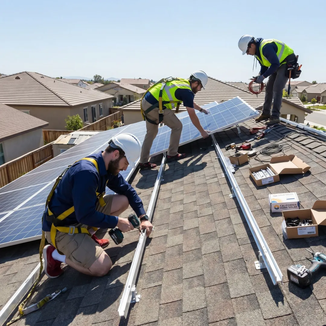 Solar installers working on a roof-mounted system