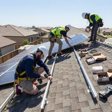Solar installers working on a roof-mounted system