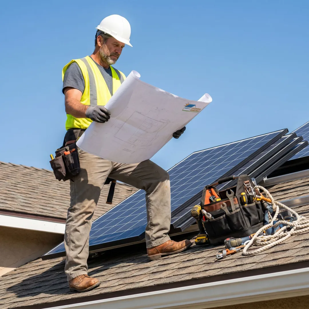 Contractor reviewing roof plans for solar installation
