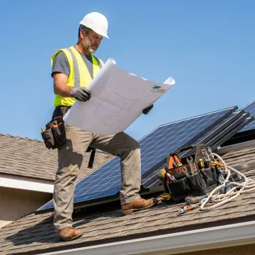 Contractor reviewing roof plans for solar installation