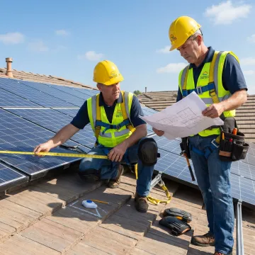 Solar installers planning panels on a roof