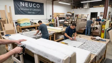 Upholstery workshop team restoring commercial furniture frames and fabric