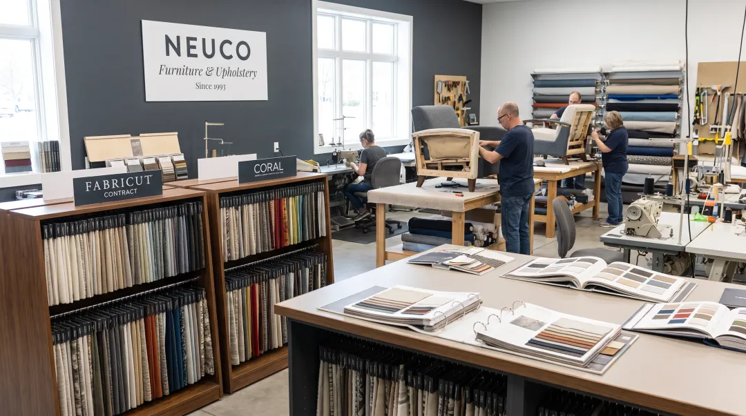 Neuco upholstery workroom showroom displaying commercial fabric sample options