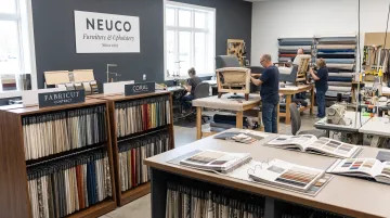 CallNeuco upholstery workroom showroom displaying commercial fabric sample options
