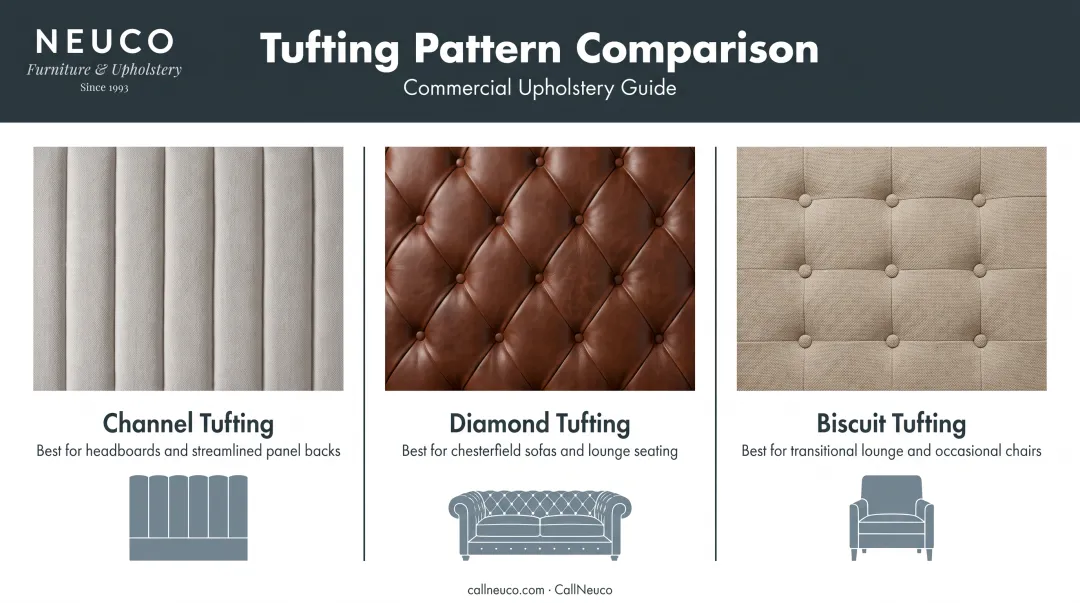 Channel diamond and biscuit tufting pattern comparison infographic