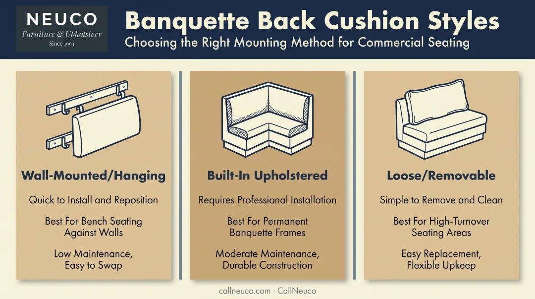 Three types of banquette back cushions wall-mounted built-in and removable