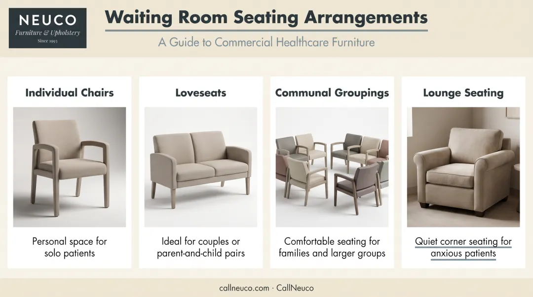 Four waiting room seating types individual loveseat communal lounge layout