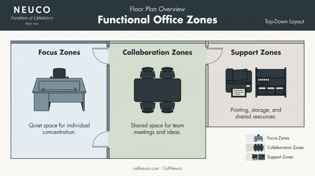 Three office functional zones for focus collaboration and support activities