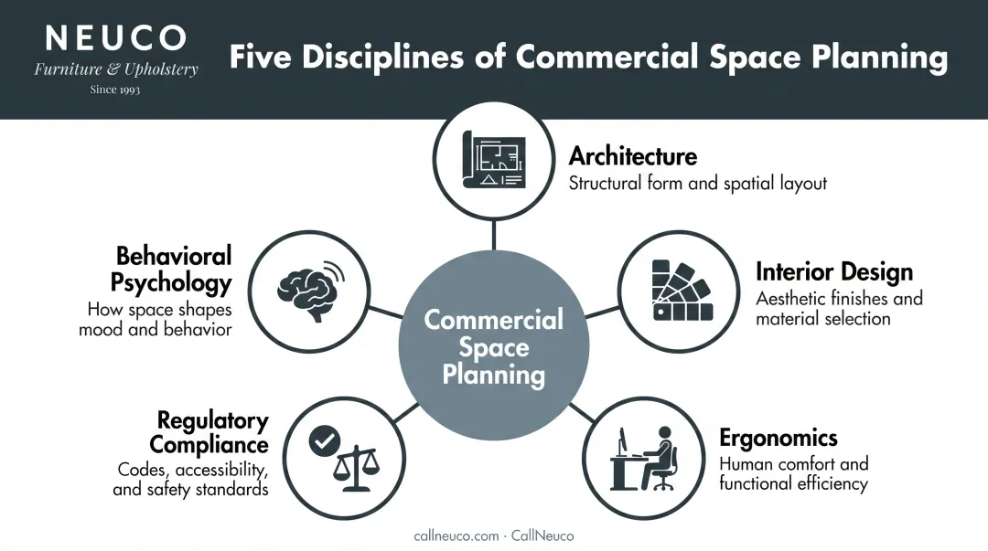 Five disciplines shaping commercial space planning process diagram