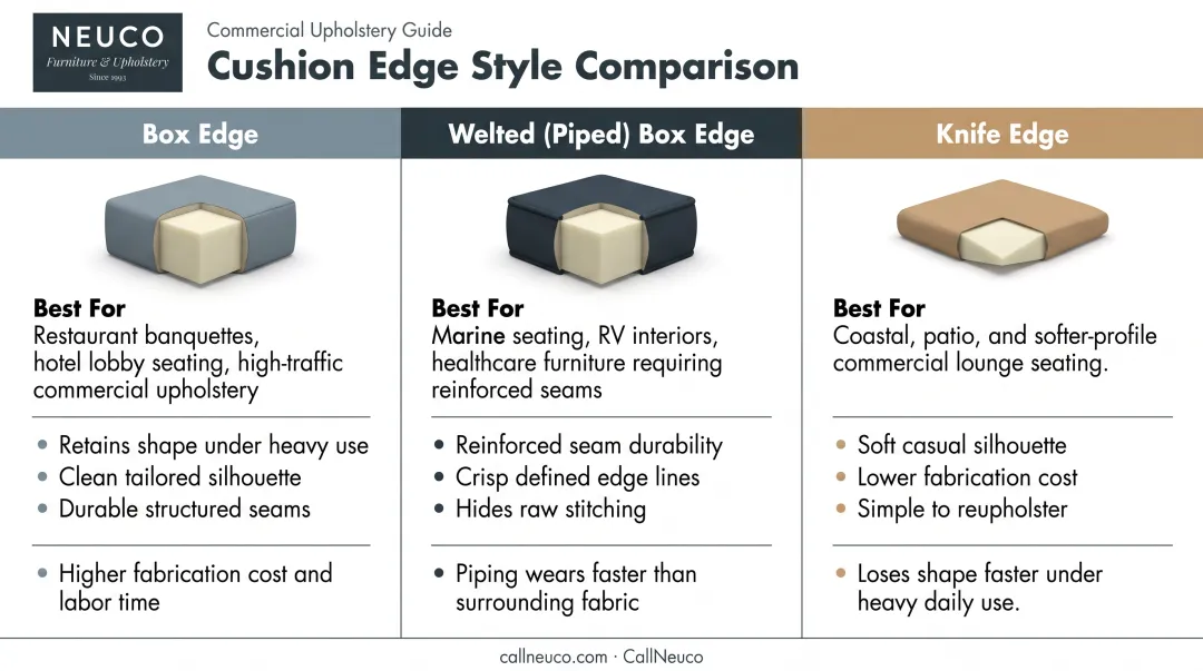 Box edge welted and knife edge cushion styles comparison chart