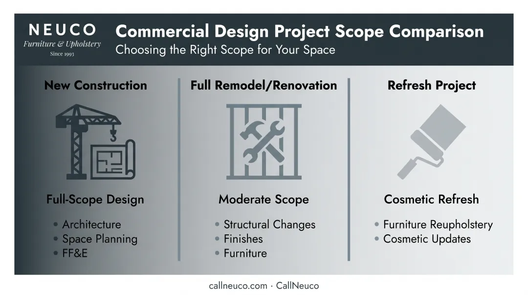 Three commercial design project types new construction remodel and refresh