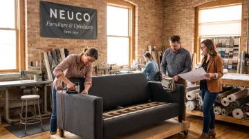 CallNeuco team reupholstering commercial office furniture on-site
