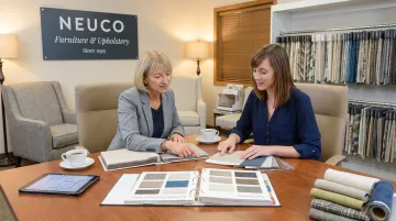 CallNeuco team reviewing pet-friendly upholstery fabric samples for commercial project