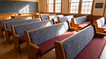 Upholstered classroom chairs with custom sound-absorbing fabric and cushions