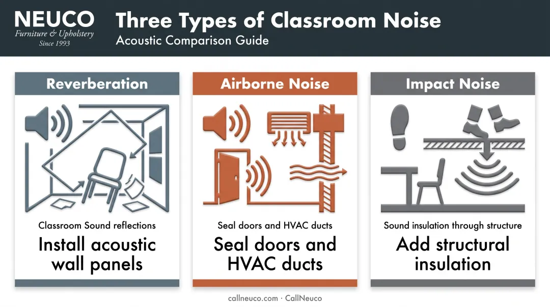 Comparison of reverberation airborne and impact noise sources in classrooms