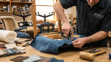 CallNeuco technician reupholstering office chair with new fabric material