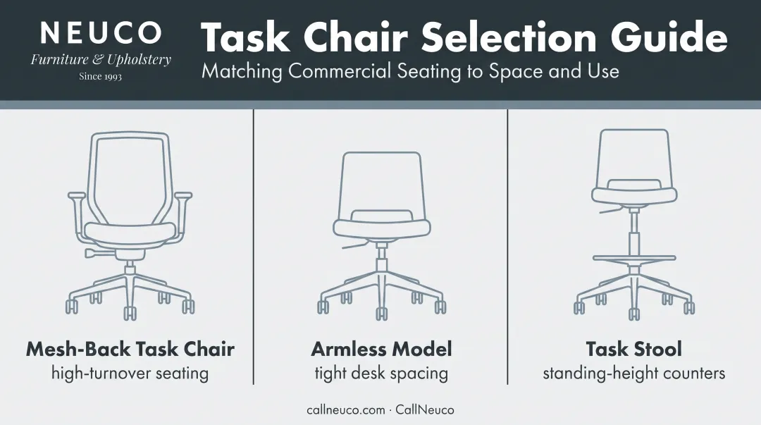 Three task chair types: mesh-back, armless, and task stool variations