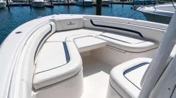 Professionally reupholstered Tidewater boat seat cushions with marine vinyl