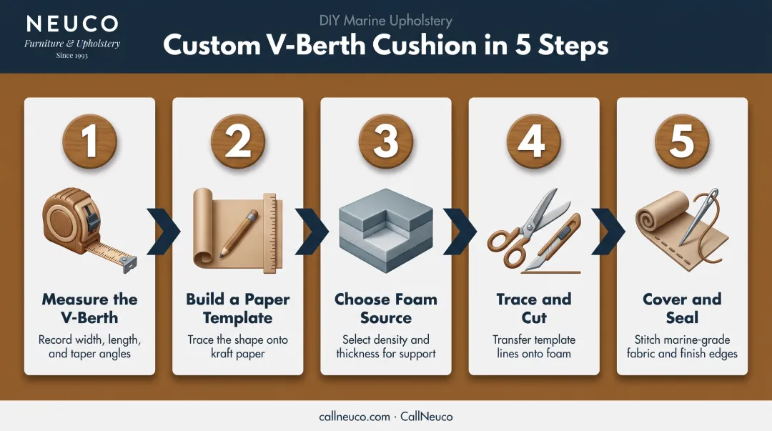 5-step DIY V-berth mattress building process from measuring to sealing