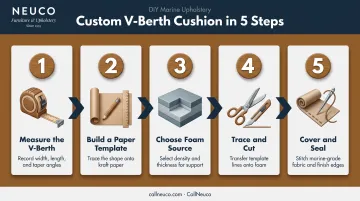 5-step DIY V-berth mattress building process from measuring to sealing