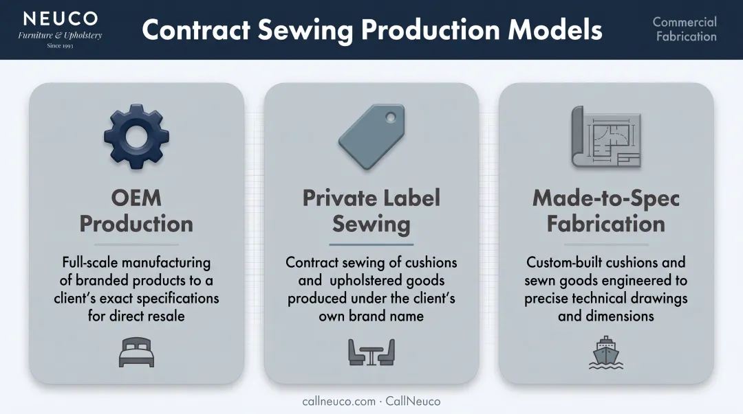 Three contract sewing production models OEM private label and made-to-spec compared