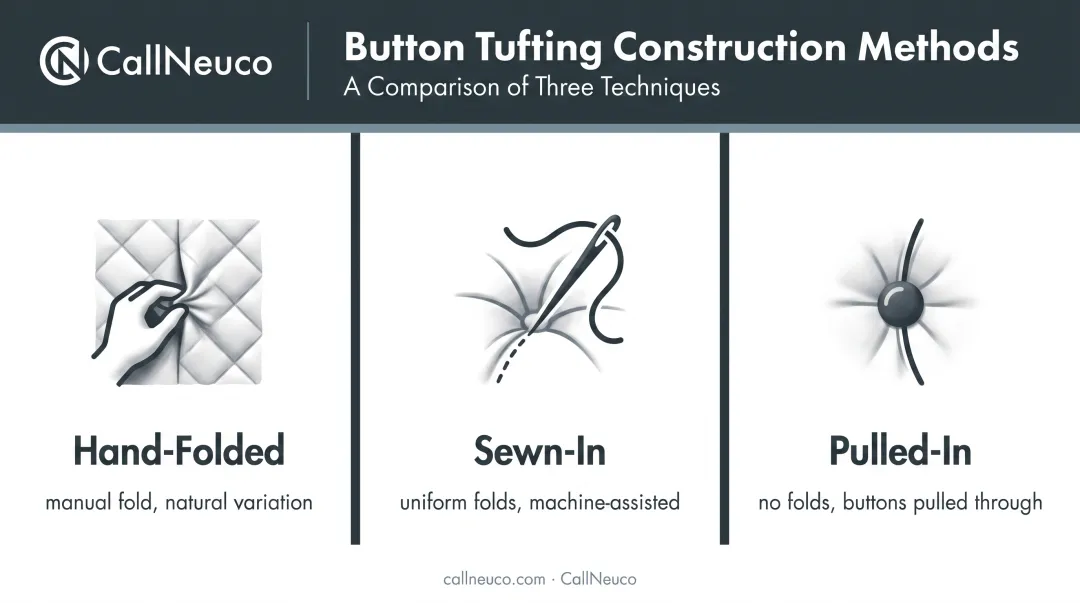Three button tufting construction methods hand-folded sewn-in pulled-in