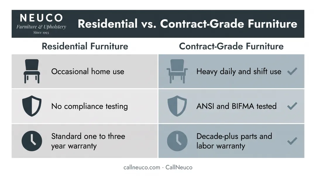 Contract-grade versus residential furniture durability and compliance comparison chart
