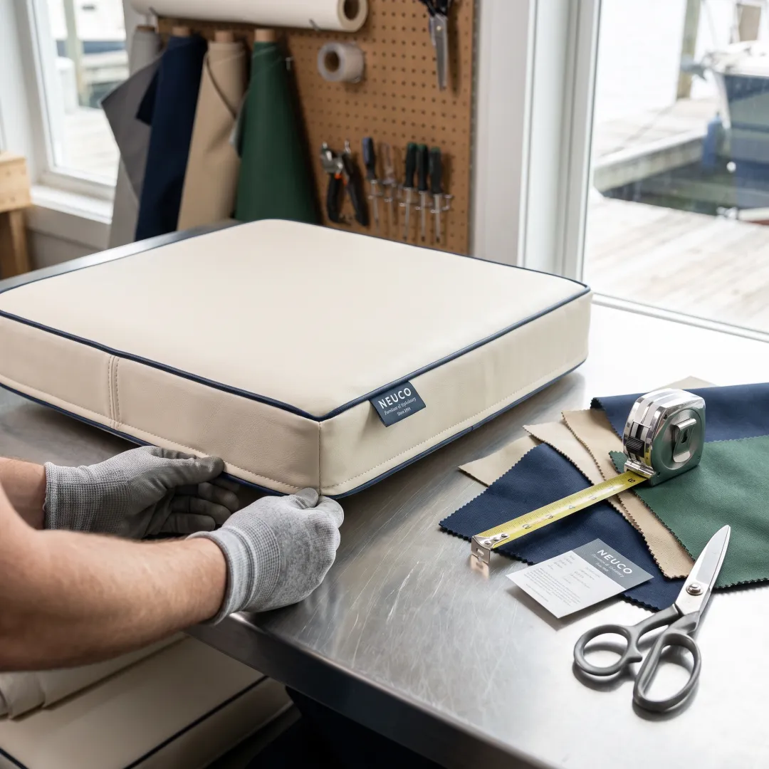 Marine fabric samples and boat cushion upholstery