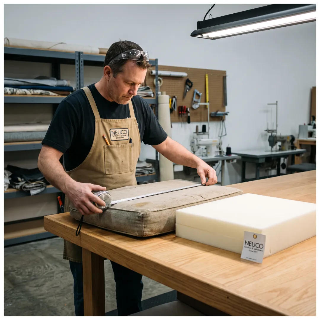 Technician measuring a couch cushion for replacement foam