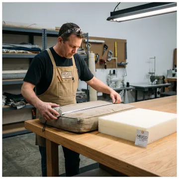 Technician measuring a couch cushion for replacement foam