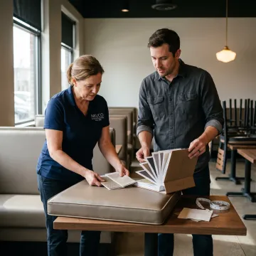 Designer reviewing upholstery swatches for restaurant seating