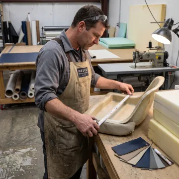 Craftsperson measuring custom boat seat cushion