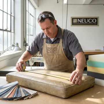 Upholsterer measuring an RV dinette cushion