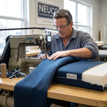 Upholsterer sewing a custom commercial cushion